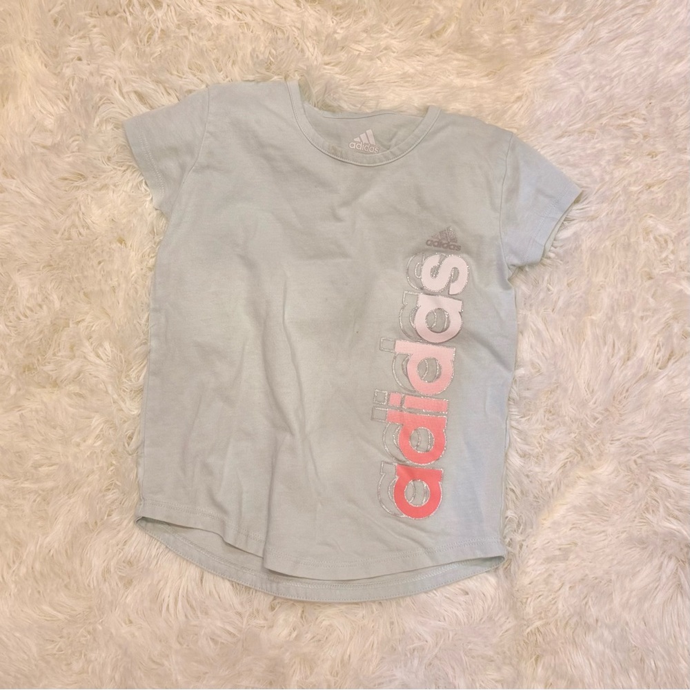 adidas Light Blue Tee with Pink Vertical Logo